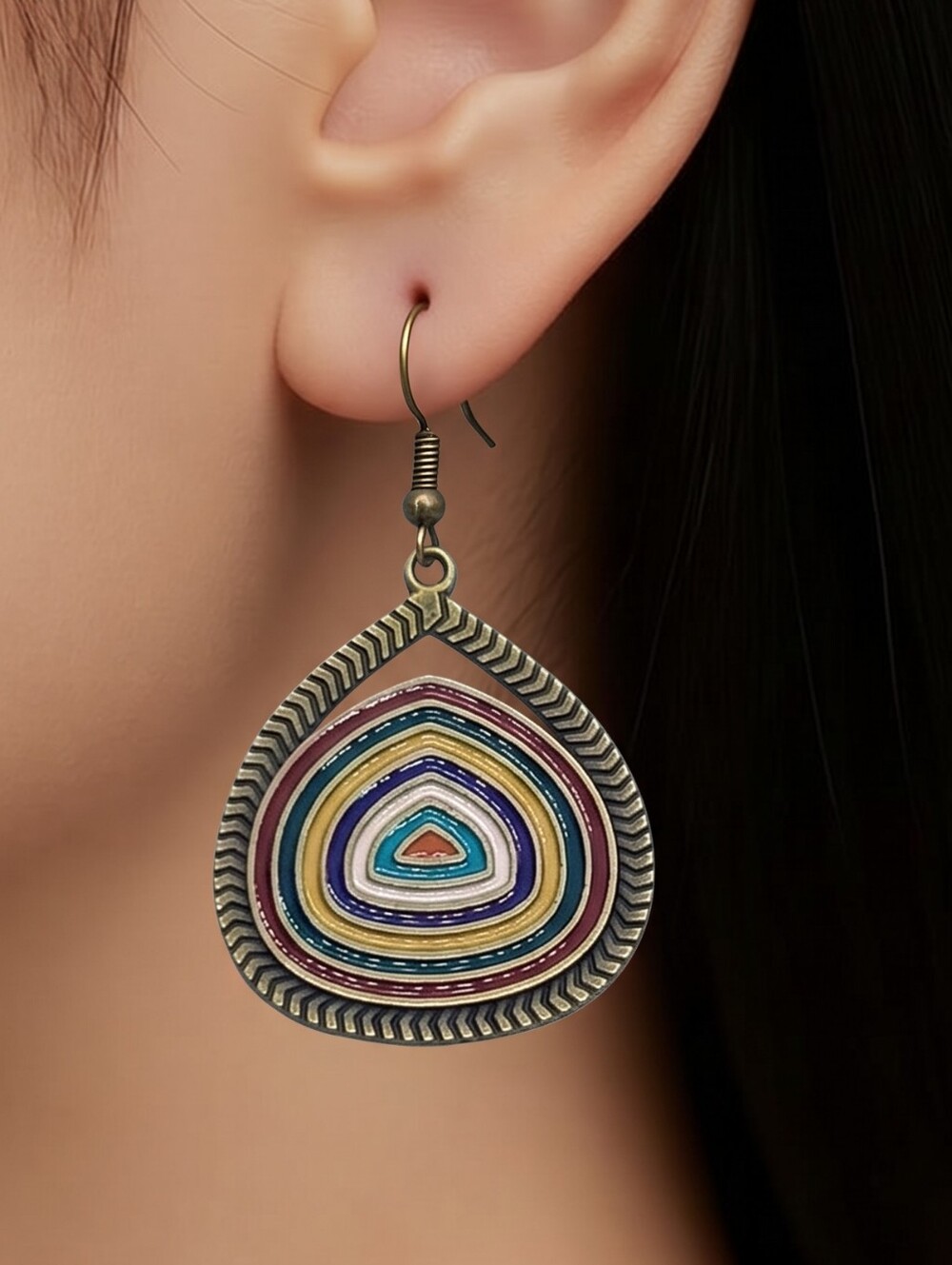 Artisan Rainbow Teardrop Earrings Antique Brass Boho Enamel Statement Jewelry